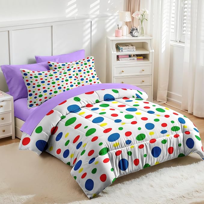 Nesker Comforter Set Queen Size, Rainbow Green Red 7 Pcs Bedding for Kids and Adults, Blue Yellow Polka Dot Bed Sheet Sets with Fitted Sheet 2 Pillowcases & 2 Shams