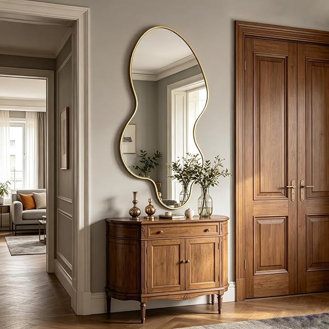 Irregular Wall Mirror, 46.5"x24" Asymmetrical Decorative Accent Mirror with Gold Metal Frame, Large Organic Shape Mirrors for Entryway Bedroom Living Room, Horizontal or Vertical Hanging