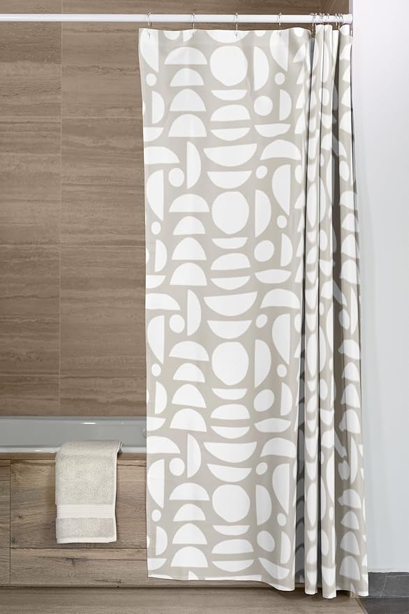 Beige White Abstract Print Shower Curtain - Boho Pattern - Modern Minimalist Home Decor - Neutral Scandi Style Fabric Shower Curtain For Any Bathroom - 72x72 Inches (Neutral Half Circle)