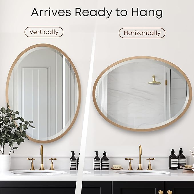 OVALCREST - Oval Wooden Beveled Wall Mirror for Home Decor, Bathroom, Vanity, Bedroom, Living Room, Hallway - London Style (Gold Spray) 37.1 x 25.1