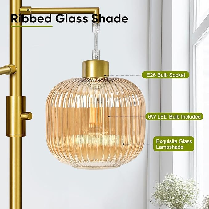 Floor Lamp with Amber Glass Shade, Dimmable Standing Lamp for Living Room, Modern Mid Century 3 Lights Tall Tree Lamp, Rotary Switch, 3 x 6W LED Bulbs Included