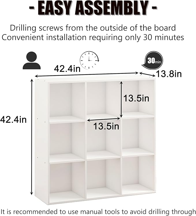 Wooden 9 Cube Storage Organizer with Closed Back Panel,White Cube Shelf Cubby Storage Organizer with Compartments for Living,Bookshelf, Easy to Install (White, 9 Cube-13in)