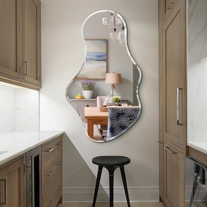 36 x 24 Beveled Edge Frameless Wall Mirror, Modern Asymmetrical Cloud Shape with a Wavy Irregular Design for Bathroom, Entryway, Bedroom, Living Room