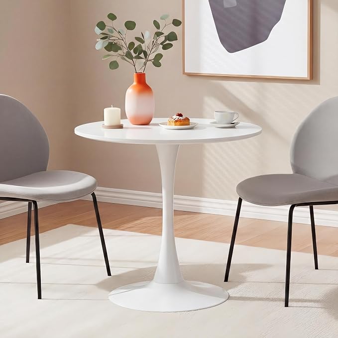 24 Inch Round Dining Table,Mid-Century Tulip Table with Metal Pedestal Base,Modern Leisure Table for Small Space Kitchen Dining Room,Easy Assembly,White