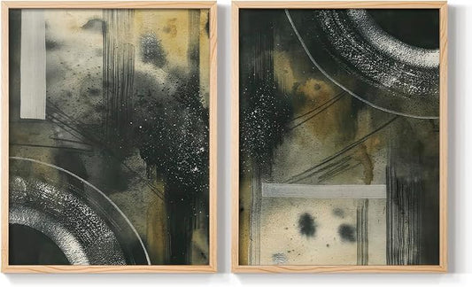 Renditions Gallery Set of 2 Peel & Stick Framed Prints, Moody Abstract Wall Art, Circular and Splattered Effects Wall Decor, Re-Stickable - Ready to Hang - 16"x20" - NATURAL WOOD Frame LT588