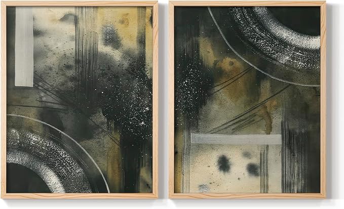 Renditions Gallery Set of 2 Peel & Stick Framed Prints, Moody Abstract Wall Art, Circular and Splattered Effects Wall Decor, Re-Stickable - Ready to Hang - 8"x10" - NATURAL WOOD Frame LT588