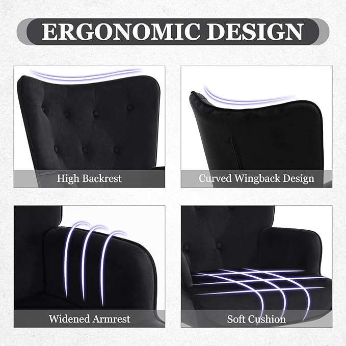 Furnimart Black Velvet Accent Chair Mid Century Modern Living Room Chairs; Comfy Armchair Leisure Vanity Guest Wingback Chair for Office Study Vanity Bedroom Waiting Room