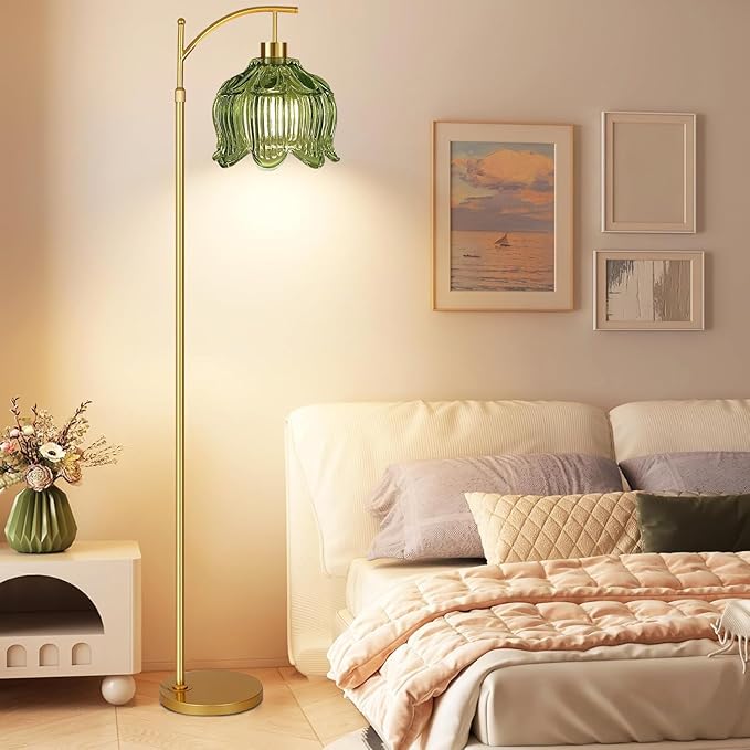 Glass Floor Lamp for Living Room,Bedroom,Gold Mid Century Modern Standing Lamp with Remote,Dimmable Brass Tall Lamp Vintage Tulip Green Arc Flower Floor Light Boho Bohemian