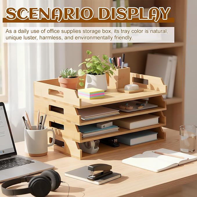 AceOrbit 4 Pcs Stackable Paper Tray Bamboo Wood Desk Organizer Letter Tray 4 Tier Wooden File Organizer Desk Shelf for Documents, Letter Sorter, Envelopes and Magazine Holder