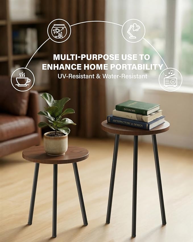 2 Pack Plant Stand Set: Tall and Short Round Wood Grain Plant Tables with Metal Legs - Indoor Outdoor Side Tables for Living Room, Bedroom, Patio, Balcony, Brown, 150 lbs Capacity(Walnut)