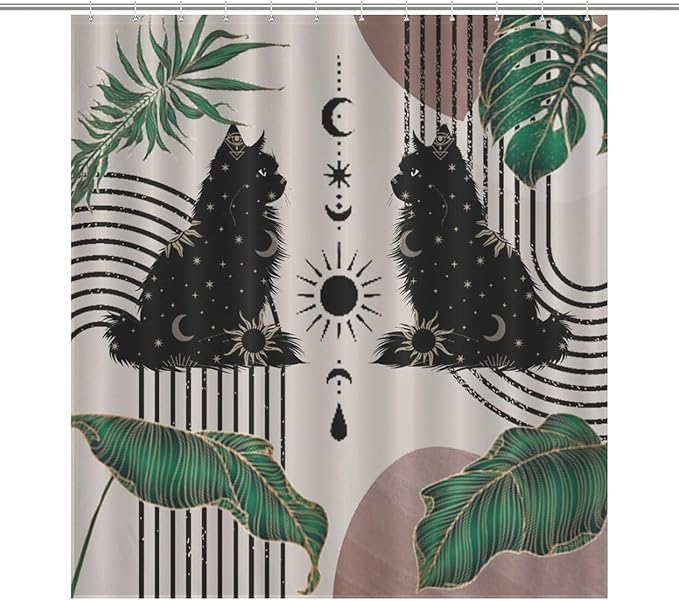 Boho Mid Century Cat Shower Curtain Retro Moon Star Leaves Black Cat Geometric 70s Vintage Waterproof Shower Curtains for Bathroom Decor 12 Pack Hooks 66x72in（168x183cm）