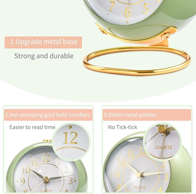 Tetino Analog Alarm Clocks,Retro Backlight Cute Simple Design Small Desk Clock with Night Light,Silent Non-Ticking,Battery Powered,for Kids,Bedroom,Travel,Kitchen,Bedside Desktop Decor.(Green)