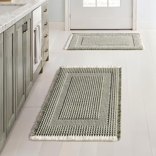 MIULEE Set of 2 Waffle Bathroom Rugs, Boho Bath Rug Super Absorbent, Non Slip Washable Ultra Soft Rubber Backed Shower Bath Mats for Floor, Tub, Shower, Looped Design, Green & Cream, 17x24 Inch