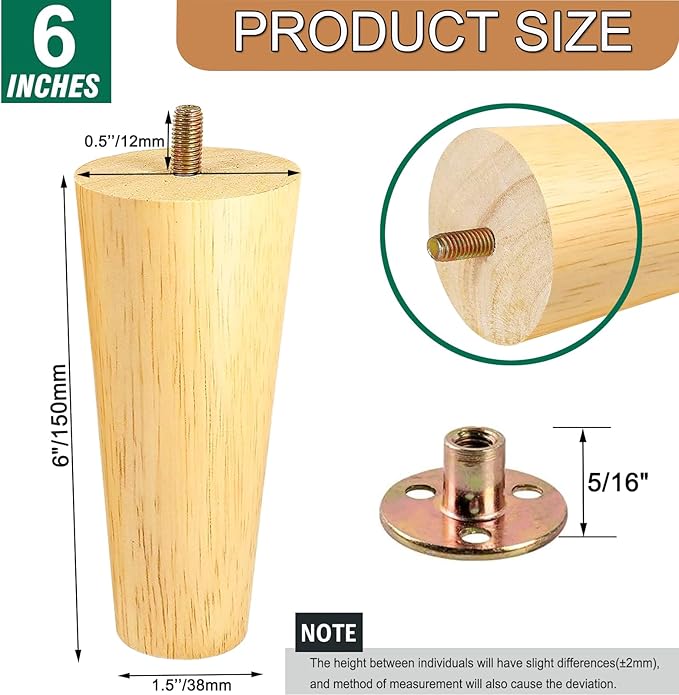 6 Inches Round Solid Wood Furniture Legs Set of 4, Natural Wooden Replacement Feet with Threaded 5/16'' Hanger Bolts for Sofa, Couch, Armchair, Cabinet, TV Stand, Ottoman and Dresser