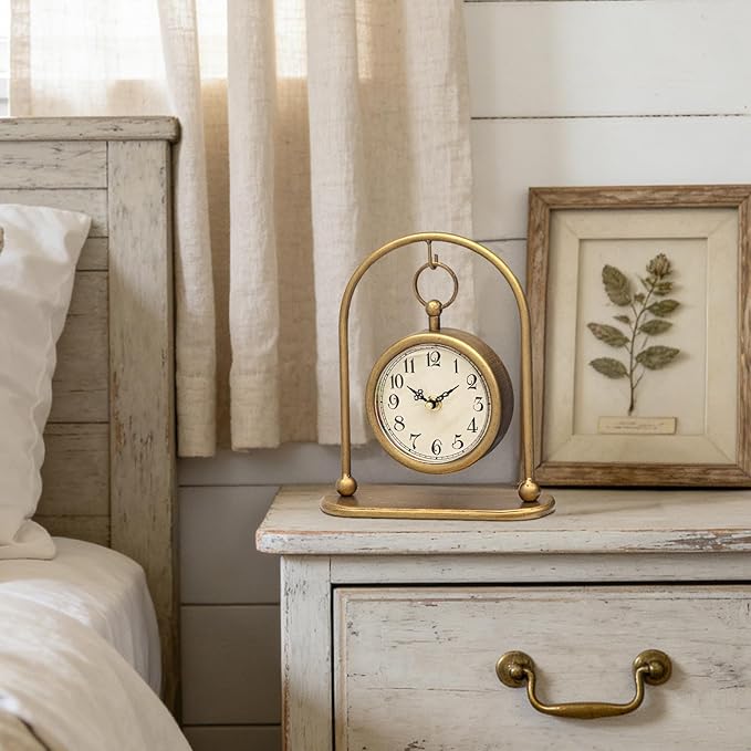 Vintage Small Gold Table Clock, Farmhouse Table Clock, Silent Non-Ticking Battery Operated Desk and Shelf Clocks for Living Room Bedroom Kitchen Home Decor