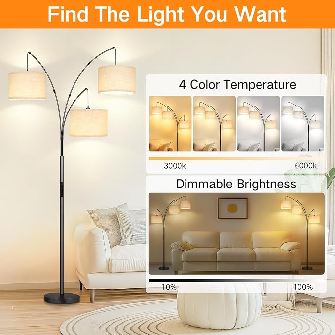 OUTON Arc LED Floor Lamp with Remote & Touch Control, Dimmable Modern Black 3 Light Arched Tall Floor Lamp, Mid Century Adjustable Standing Corner Lamps for Bedroom, Office, Living Room