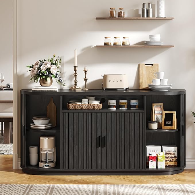 63" Sideboard Buffet Cabinet with Storage, Modern Fluted Accent Credenza with Sliding Doors, Drawers and Adjustable Shelves, Wood Coffee Bar Console Table for Kitchen, Living Room, Enrtyway (Black)