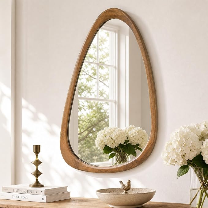 30" x 20" Asymmetrical Wall Mirror with Brown Wood Frame, Irregular Wall Mirror for Bedroom Entryway Living Room, HD Tempered Glass, Horizontal or Vertical Hanging