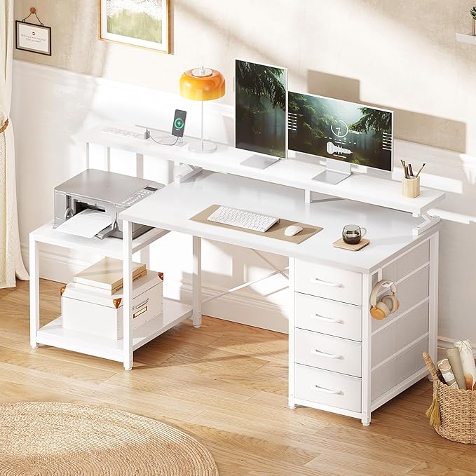 ODK 55 Inch Computer Desk with 4 Drawers, Office Desk with Power Outlets, Printer Shelf & Storage Shelves, Large Writing Study Table for Home, Bedroom, Study or Gaming Setup, White