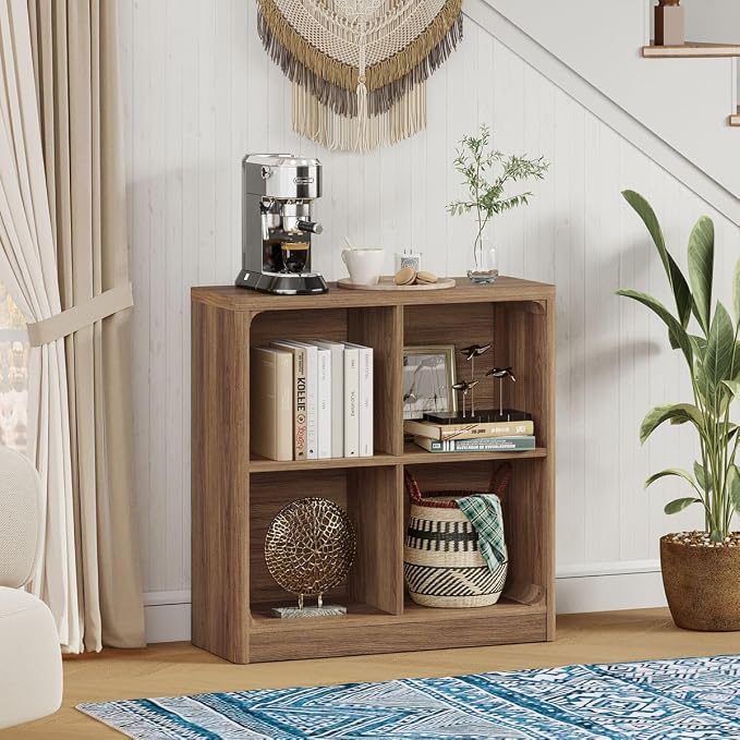 FATORRI 4 Cube Storage Bookcase, Rustic Wood Cube Bookcase Shelf Organizer, Small Storage Bookshelf for Living Room, Bedroom, Office (Walnut, 29.53" W)