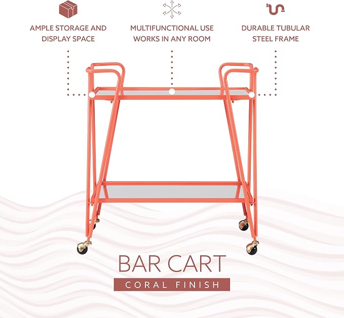 Gina Coral Mid-Century Bar Cart with Mirrored Shelves and Locking Wheels by Linon