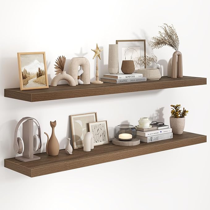 55 Inch Long Floating Shelves for Wall Set of 2, 55x9.3 Large Floating Shelf for Bedroom, Kitchen, Bathroom, Wall Mounted Rustic Wood Shelves with Invisible Bracket for Books, Decor, Walnut