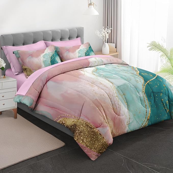 7Pcs Comforter Set Full Size, Pink Teal Gold Marble, Bedding Decor Turquoise Rose Dye Abstract Bedroom Bed Set Flat Sheet Fitted Sheet Pillowcases Shams for Kids Adults