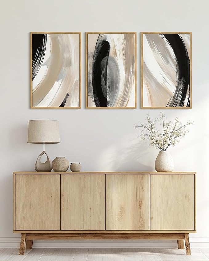 KUVIOKE Black Abstract Framed Wall Art Neutral Minimalist Graffiti Pastel Wall Decor Modern Illustration Art Painting for Bedroom Dining Room 24x36in (Natural Framed)