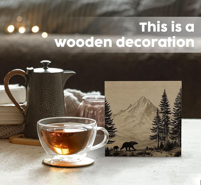 Vintage Mountain Forest Bear Decor Signs, Bear Gifts for Women Men, Rustic Mountain Landscape Wild Animals Wooden Box Sign for Home Bedroom Living Room Desk Table Shelf 5x5 Inch