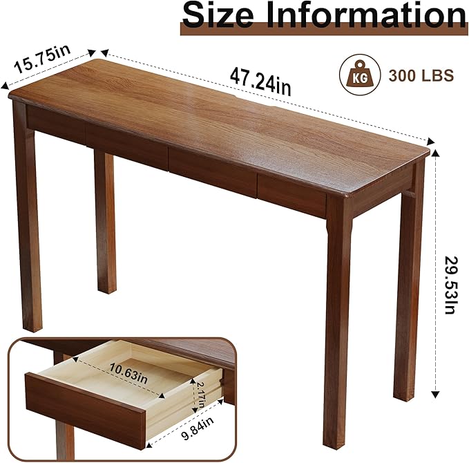 Wood Desk, Solid Wood Writing Table for Home Office, Mid Century Modern Desk with Drawers, Walnut (47inch / 120cm)