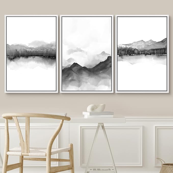 SIGNWIN Framed Canvas Print Wall Art Trio of Watercolor Mountain Ranges in Mist Abstract Wilderness Illustrations Art Minimalist Black & White for Living Room, Bedroom, Office - 16"x24"x3 White