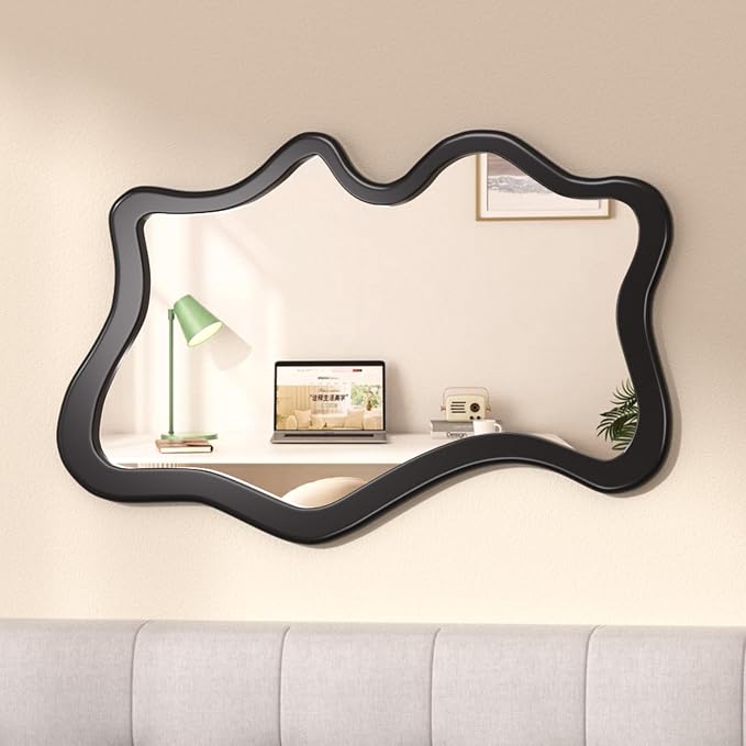 43"x 28" Irregular Wall Mirror, Black Wood Framed Wall Mirror, Asymmetrical Wall Wavy Mirror for Living Room Bedroom Entryway Bathroom Modern Decorative Mirror with Hanging Hooks