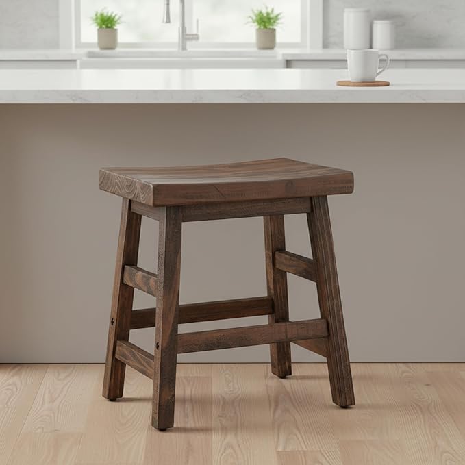 Alaterre Furniture Pomona 20-Inch Counter Height Saddle Seat Barstool – Solid Wood, Backless Rustic Farmhouse Stool in Natural Finish for Kitchen Island or Dining Room (Natural)