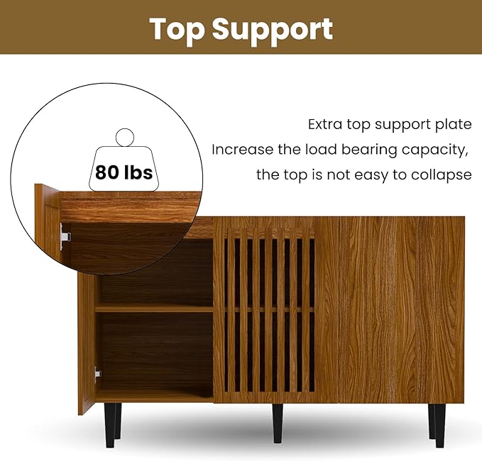 CHUWELL Farmhouse Storage Cabinet, 47.2" Buffet Cabinet with 3 DIY Doors and Adjustable Shelf, Sideboard Coffee Bar with Solid Wood Feet for Kitchen,Dining Room,Living Room,Brown
