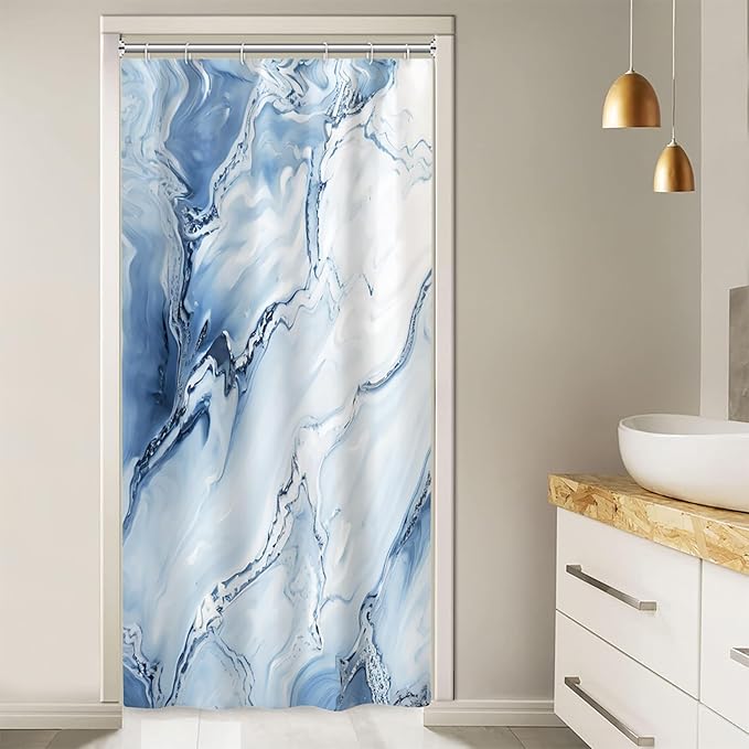 Stall Shower Curtain, Blue Marble Small Shower Curtain Modern Waterproof Narrow Shower Curtain Set with Hooks, 36x72 Inch