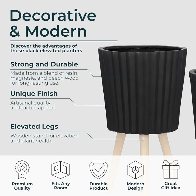 Set of 2 Resin & Magnesia Planter Set with Wood Stands – Plant Stand Indoor Outdoor, Living Room or Patio – Modern Raised Design, Accent Planters for Stylish Spaces, Home Decor – 12" & 10", Black