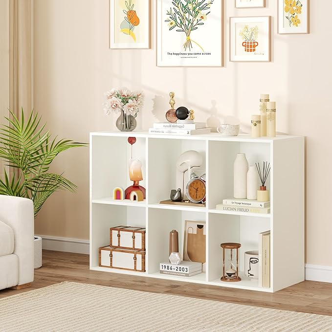 Tangkula 6-Cube Bookcase, Large Floor Standing Horizontal Bookshelf with 6 Open Shelves & 2 Anti-Tipping Kits, Home Office Wooden Storage Book Shelf for Living Room, Study (White, 6-Cube)