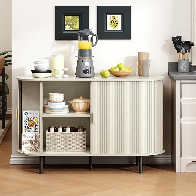 Buffet Cabinet with Storage, Fluted Sideboard Buffet with Sliding Door, Coffee Bar Cabinet with Adjustable Shelf, Console Table, Accent Table for Entryway, Kitchen (Natural White, 48 Inch)