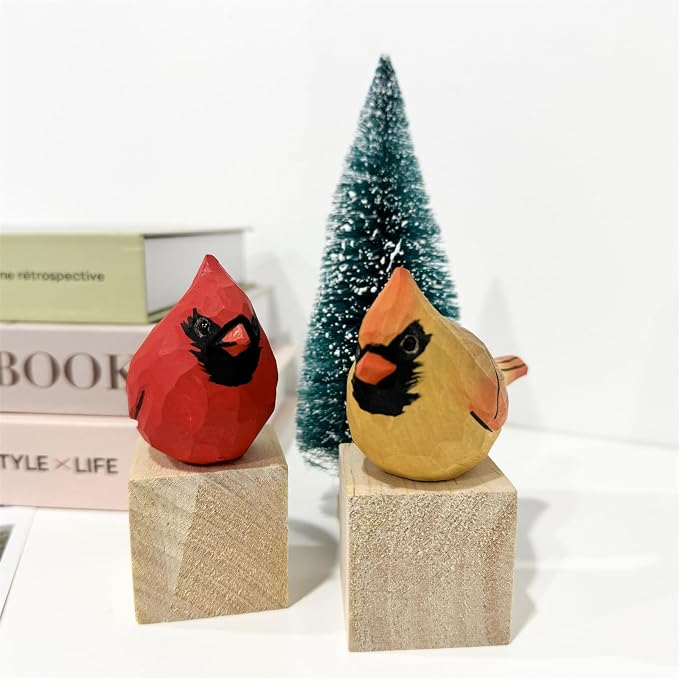 Hand Carved Painted Wooden Birds for Home Decor - Female Cardinal Statue for Bird Lovers, Housewarming, Birthday, Christmas, Anniversaries