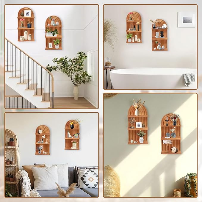 Boho Wall Decor Floating Shelves for Bedroom and Living Room, Mid Century Modern Wooden Wall Shelf Set for Plants and Display, Vintage Arched Decorative Shelves 2 pcs