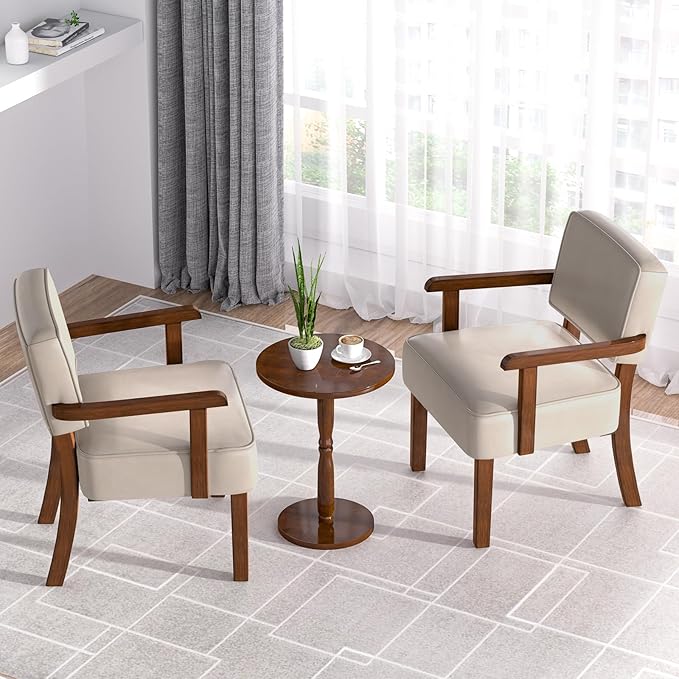 Accent Chair Set of 2 with Table, PU Leather Chair for Living Room Oversized Armchair with Soft Seat and Armrests for Bedroom Dinning Reading Waiting Room (Leather Beige)