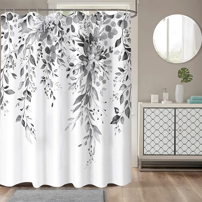 Gray and White Eucalyptus Shower Curtain Watercolor Grey Floral Plant Leaf Shower Curtains for Bathroom Botanical Flower Waterproof Fabric Bath Curtain Decor with Hooks (Black, 72'' x 72'')