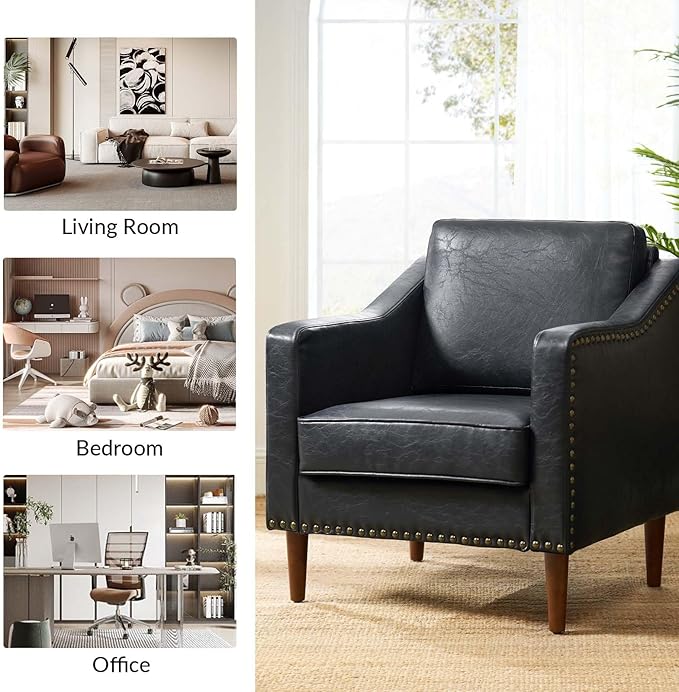 HULALA HOME Faux Leather Accent Armchair with Back & Seat Cushions, Traditional Club Chair with Nailhead Trim, Comfy Upholstered Sofa Chair for Bedroom & Living Room, Black