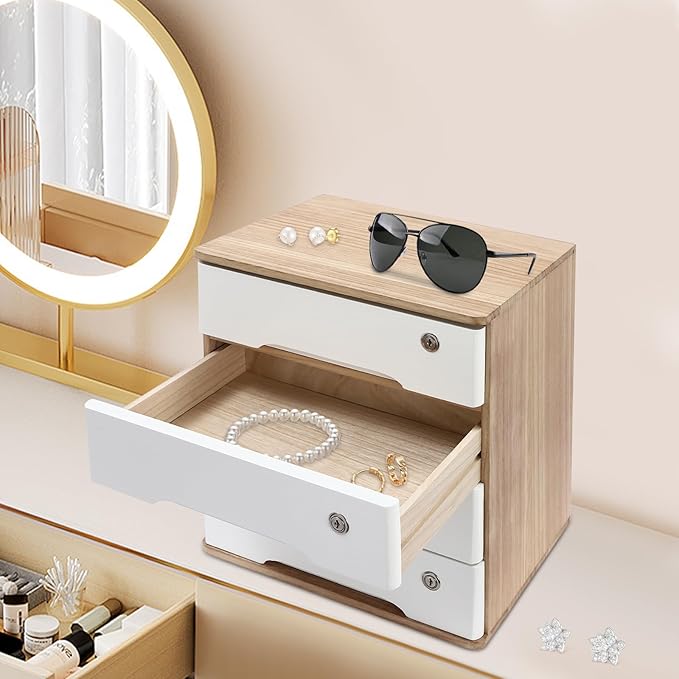 Wooden Desk Organizer with Drawers & Lock Desktop Storage Cabinet Tabletop Organizing Unit for Home Office Supplies File Stationery Jewelry (Light Brown, 4 Tiers)