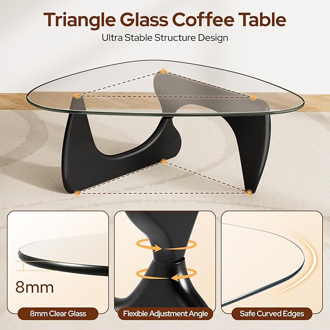 Modern Triangle Glass Coffee Table, Mid Century Coffee Table for Living Room Bedroom Reception Office Tables