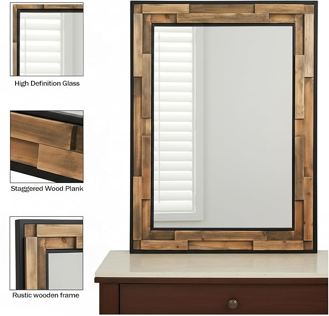 ZIYOO Wood Mirror 40"x 30", Metal & Wooden Rectangle Frame Decorative Wall Mirror for Bathroom Vanity Bedroom Living Room Entryway (Wood and Metal,40"x 30")