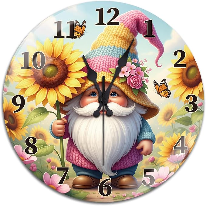 peacoblue Wall Clocks Battery Operated 12 Inch Flowers and Gnome Glass Round Wall Clock Non Ticking for Kitchen Living Room Dining Room Bedroom and Bathroom Decor Accessories (Battery not Included)