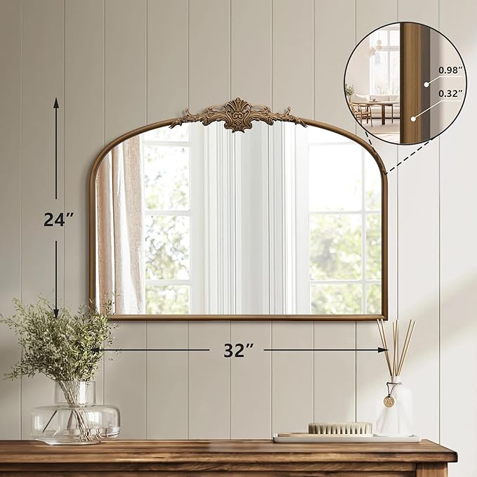 Besdomus Vintage Arched Gold Mirror: 32"x24" Large Gold Vintage Wall Mounted Mirror - Baroque Traditional Ornate for Bedroom/Fireplace/Bathroom/Hallway - Wall Decor for Fashion-Conscious