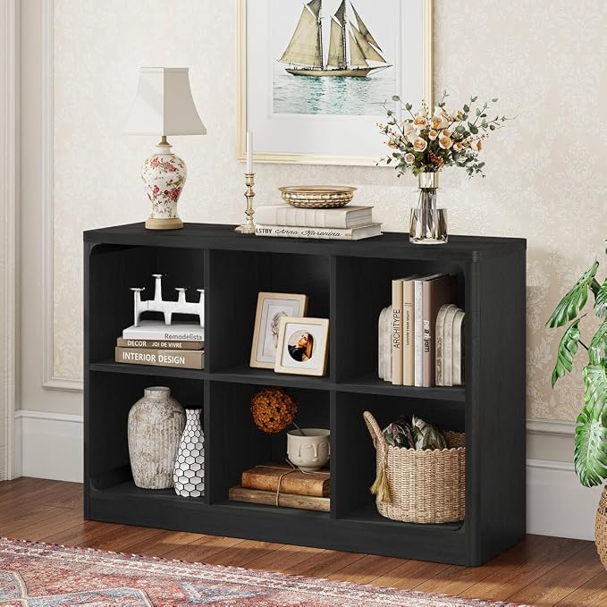FATORRI 6 Cube Storage Bookcase, Rustic Wood Horizontal Bookshelf with Rounded Corners, Low Cube Organizer Shelf for Living Room, Bedroom, Office (Black, 43 Inch)