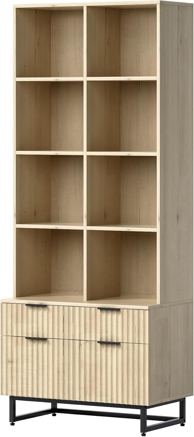 71" Bookshelf with Drawers, Fluted Tall Bookcase 4 Tier Wooden Display Cabinet with Storage Floor Standing, Mid Century Modern Bookshelves for Home Office Living Room Library (Light Oak)